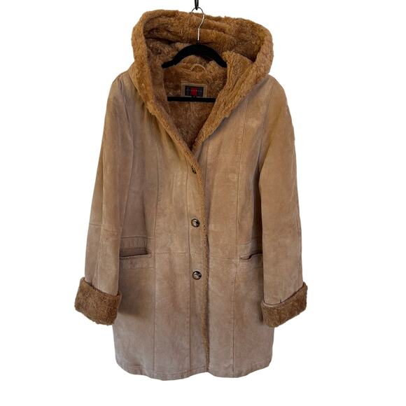Vintage Leather Pennylane Coat Faux Fur Trim Longline Winter Heavy Hooded Medium - Picture 1 of 12